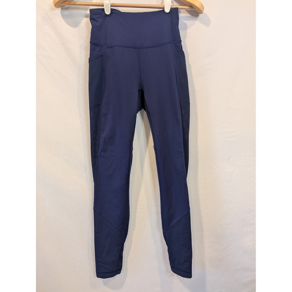 Lululemon Navy Blue High Rise Mesh Pocket Leggings Perforated Tights 25in Inseam